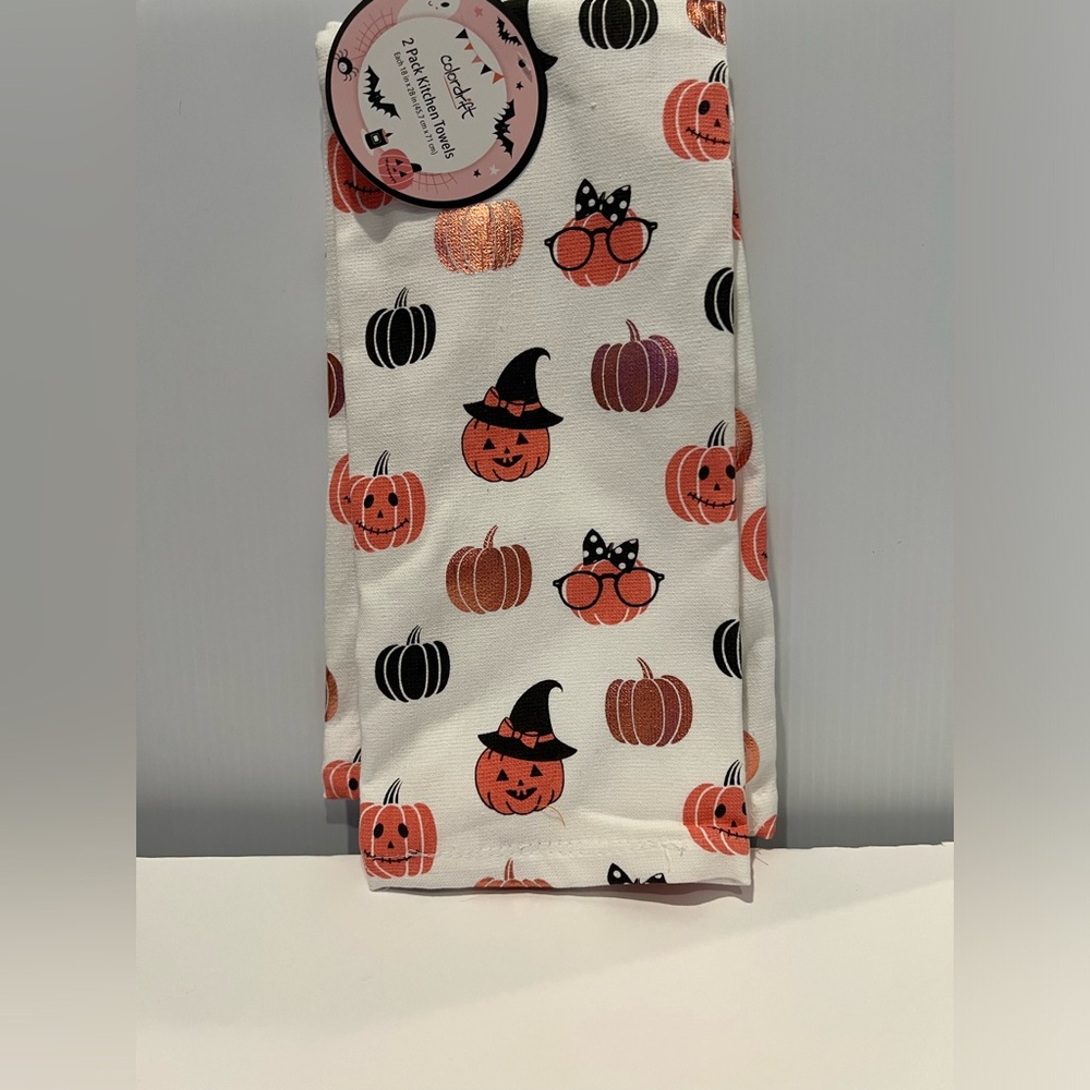 NWT Halloween Pumpkin Cotton Kitchen Towel - White, Black & Rose Gold